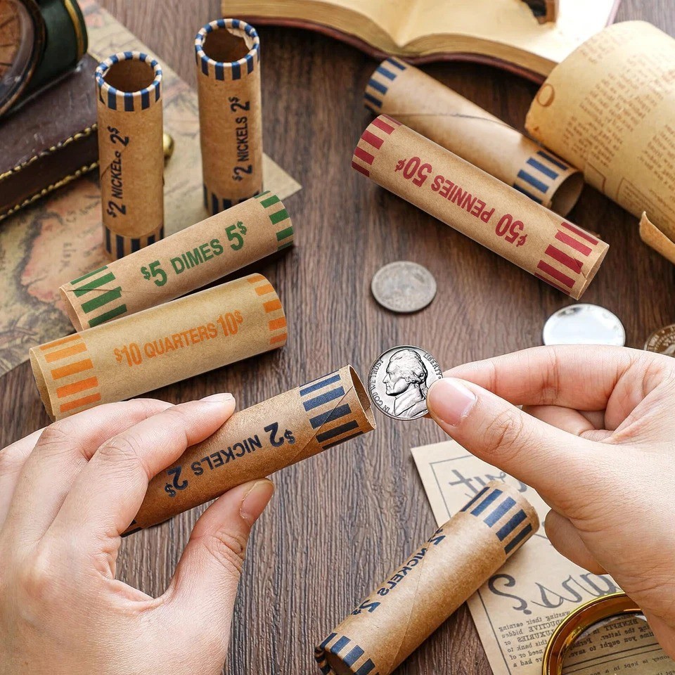 128pcs Assorted Preformed Coin Wrappers Rolls, Change Paper Rolls Wrapping Tubes