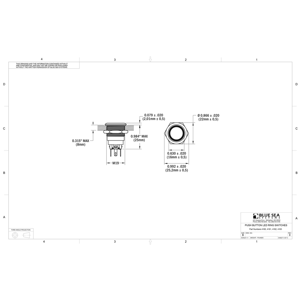 Blue Sea 4161 Marine 10A Push Button LED Ring Switch OFF-(ON) Blue