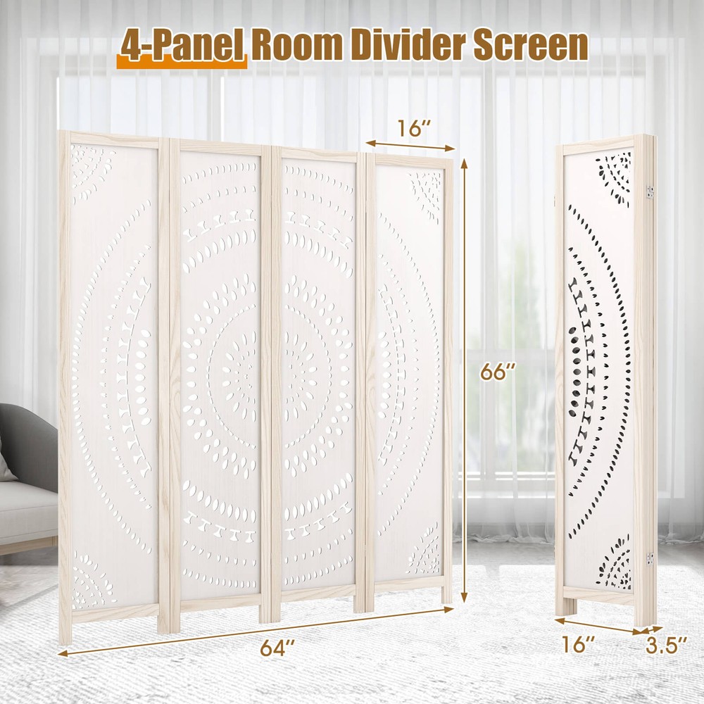 66" Boho 4-Panel Room Divider w/ Carved Pattern & Solid Wood Frame 360° Hinges