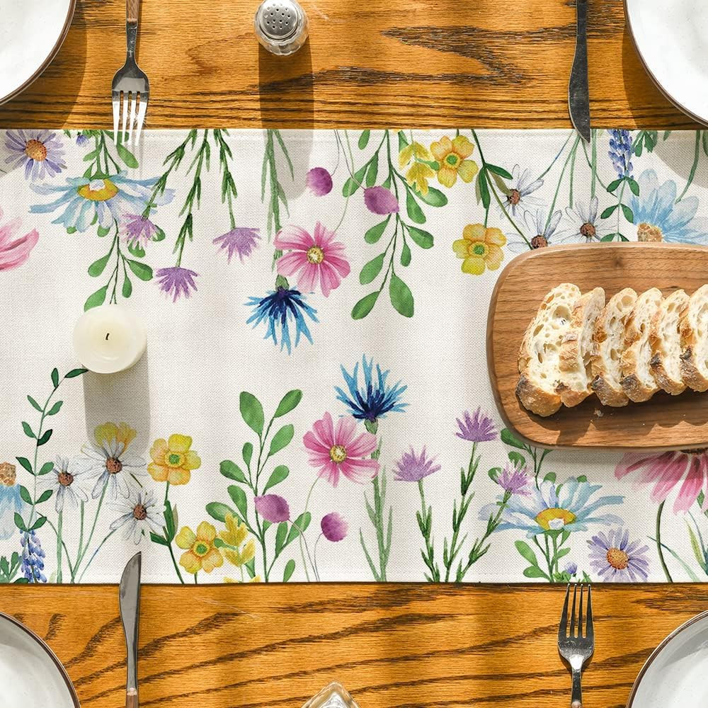 Daisy Eucalyptus Lavender Floral Leaves Summer Table Runner, Spring Kitchen Dini