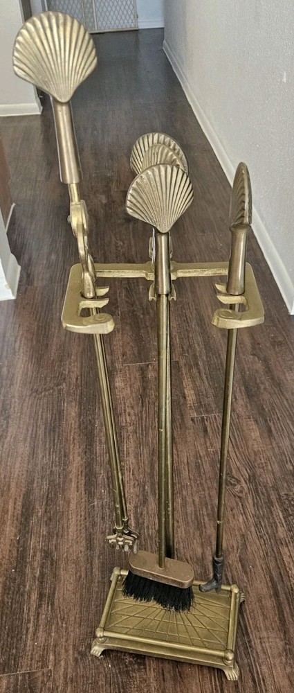 Vintage Solid Brass Fireplace Tool 5-Pc Set Scallop Shell Finial, Nautical, MCM