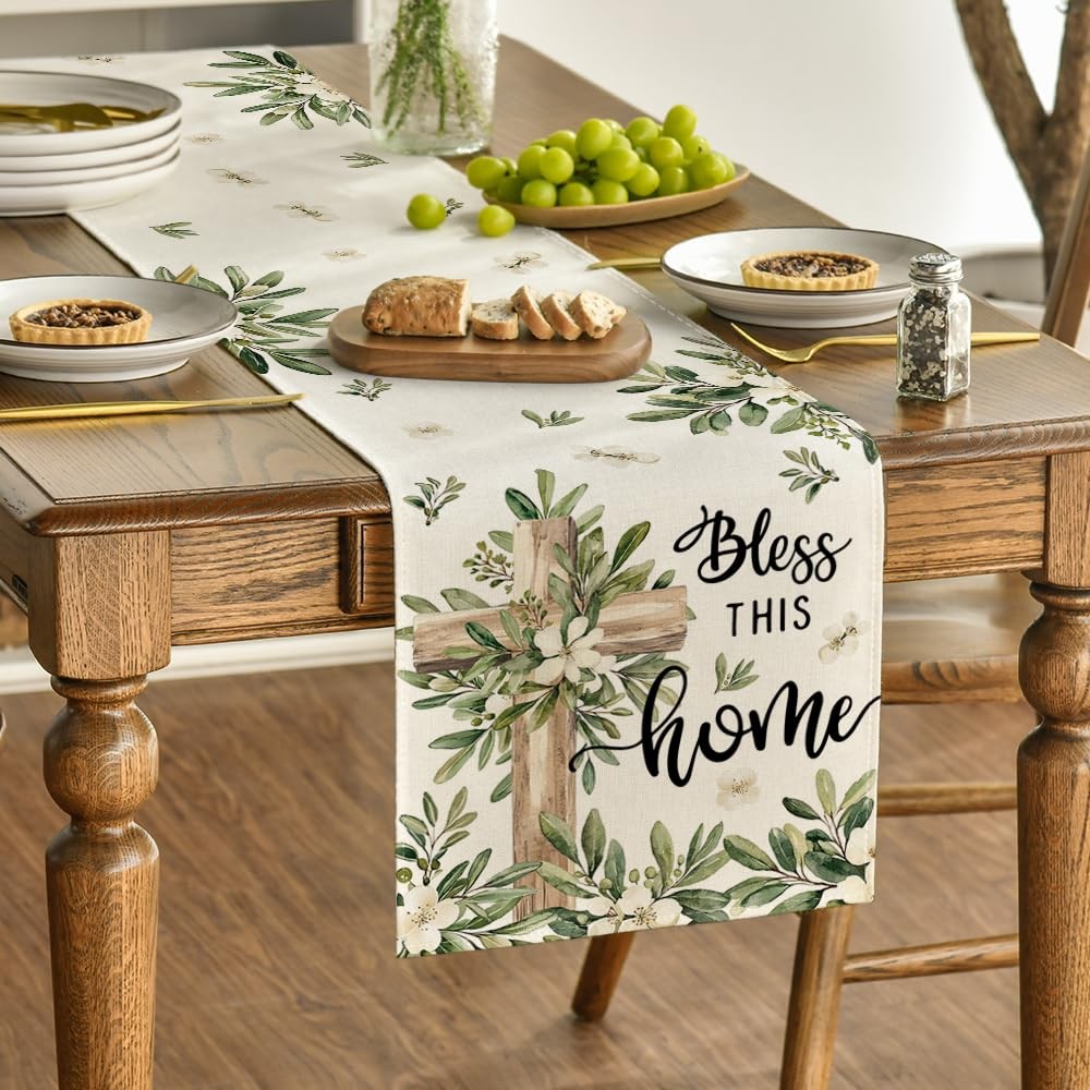 Cross Olive Leaves Spring Table Runner,Seasonal Summer Easter Kitchen Dining Tab