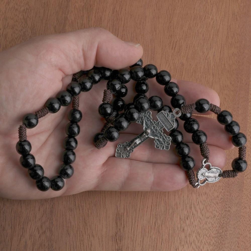 Catholic Rosary Beads Wood Strong Cord Miraculous Center Men Women Black 17.5"