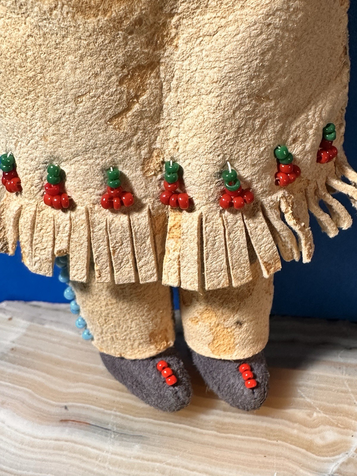 RARE 19th Century Antique Native Plain’s Indian Fringe Beaded Hide Doll Ink Face