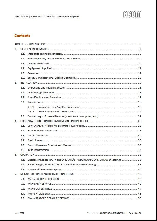 ACOM 2020S HF+6m Solid State Amplifier USB OWNER'S MANUAL - KJ4IYE