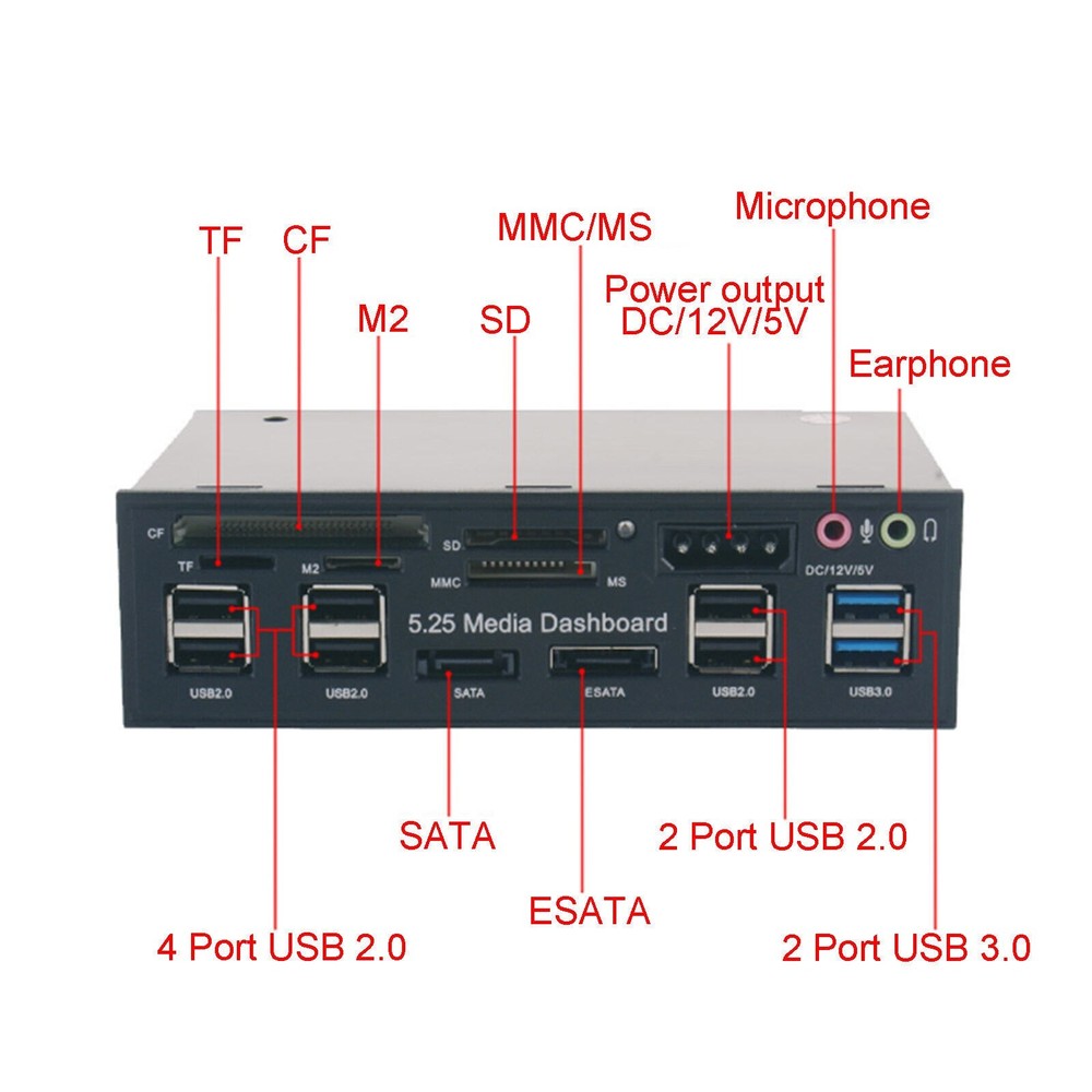 5.25" USB 3.0 SATA eSATA PC Front Panel Media Dashboard Internal Card Reader USA