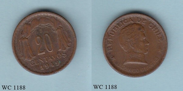 Chile 20 Centavos 1949 So Coin