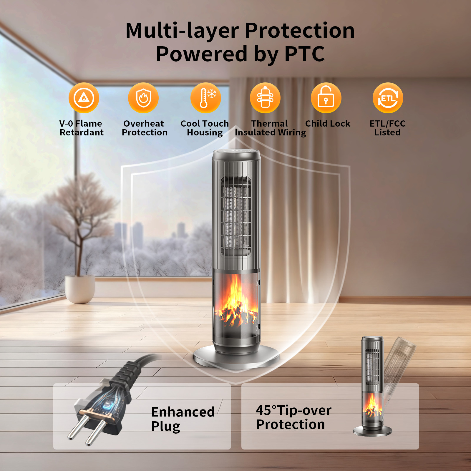 25" Oscillating 1500W Ceramic Tower Space Heater Electric Heater Fan With Remote
