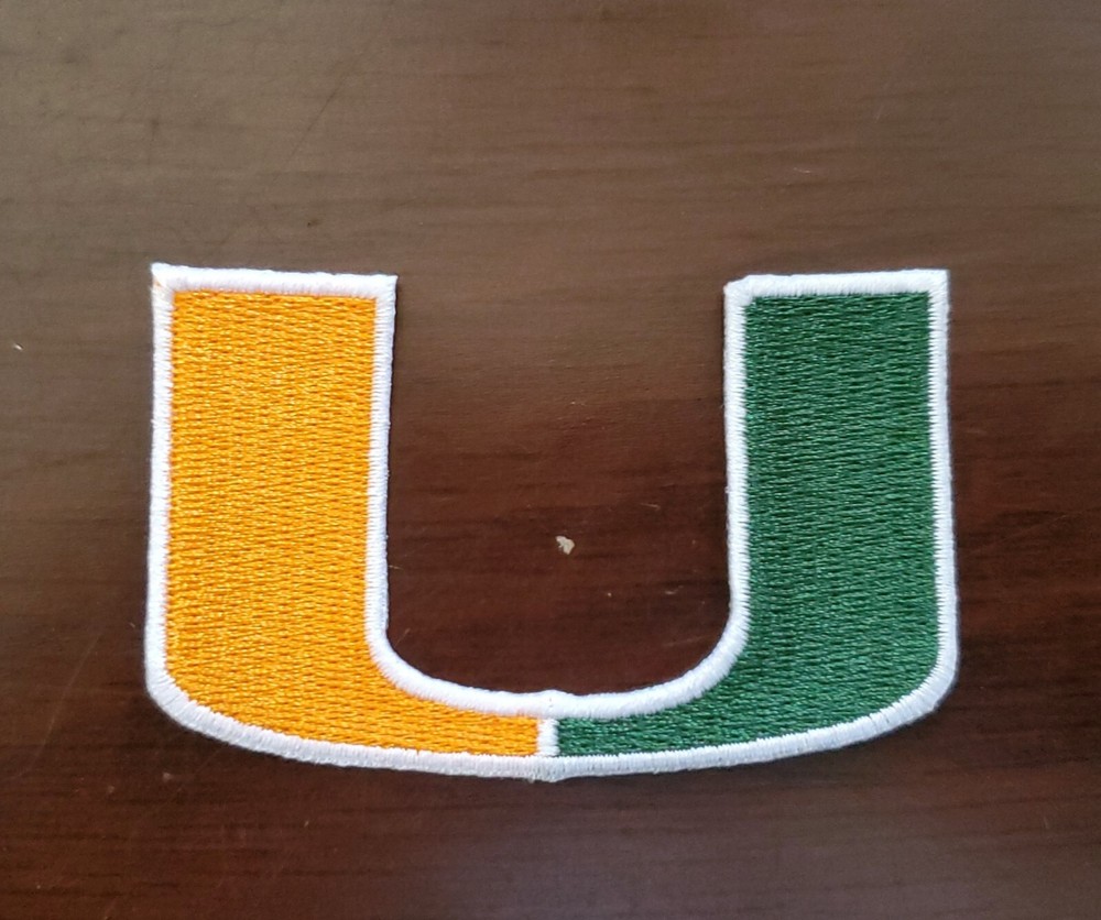 Miami Hurricanes U Patch. Fully Embroidered. Iron On Backing. 3"x2"