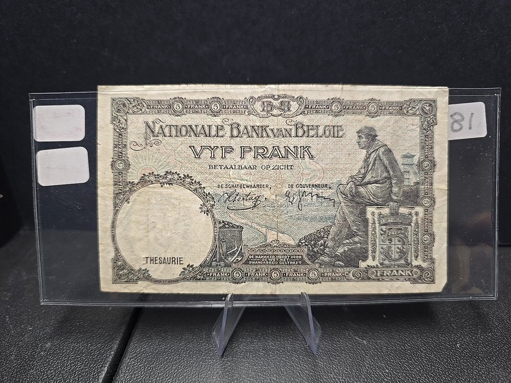 1938 BELGIUM 5 CINQ FRANCS - Vintage Note