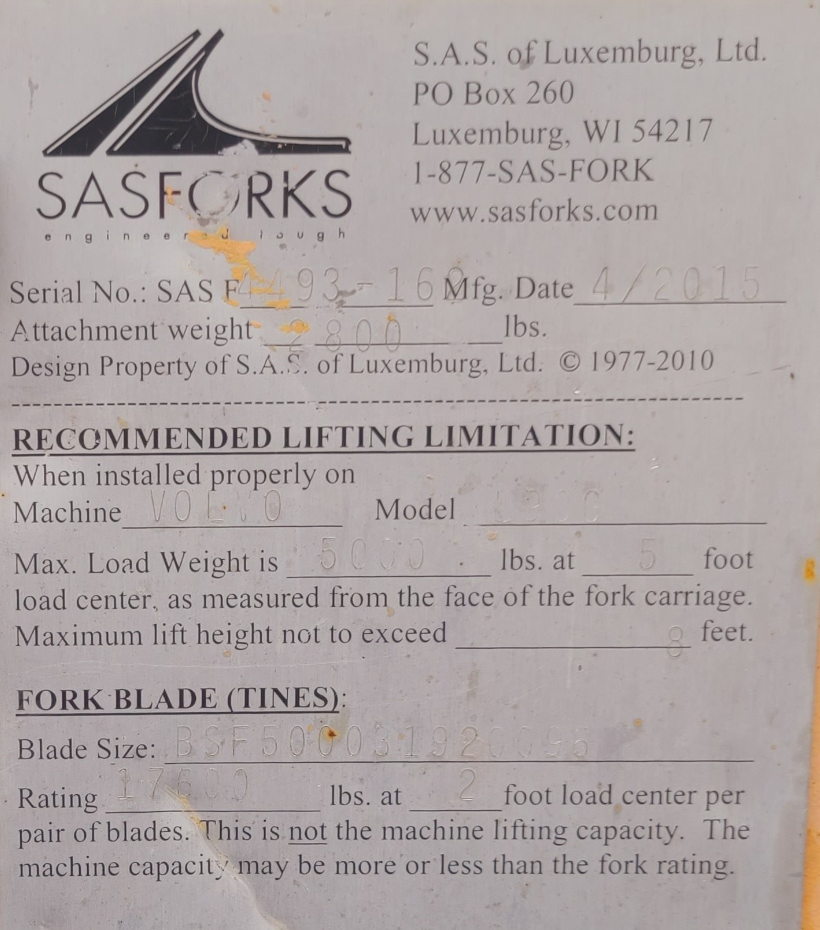 WHEEL LOADER SASFORKS SAS FORKS 4493-162 LONG FORKS 16 FOOT - READ NOTES!!!
