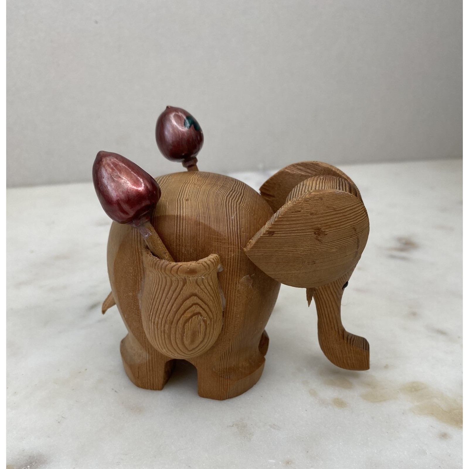 Hand Carved Wood Elephant Toothpick Holder Figurine Handpainted Maracas Trinket