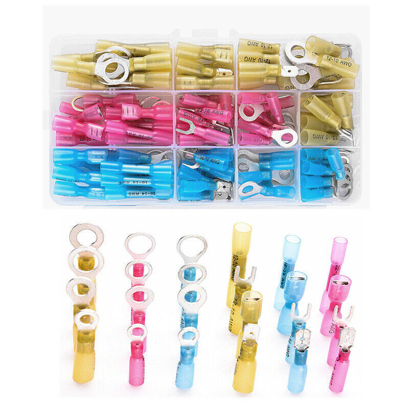 Heat Shrink Ring Spade Fork Crimp Terminals Wire Connectors Waterproof 120PCS