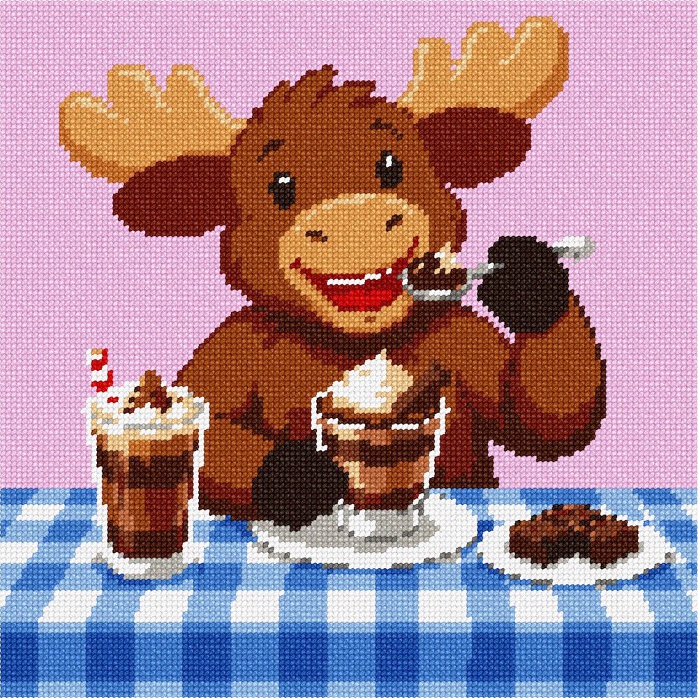 Moose Eating Mousse Needlepoint Kit or Canvas