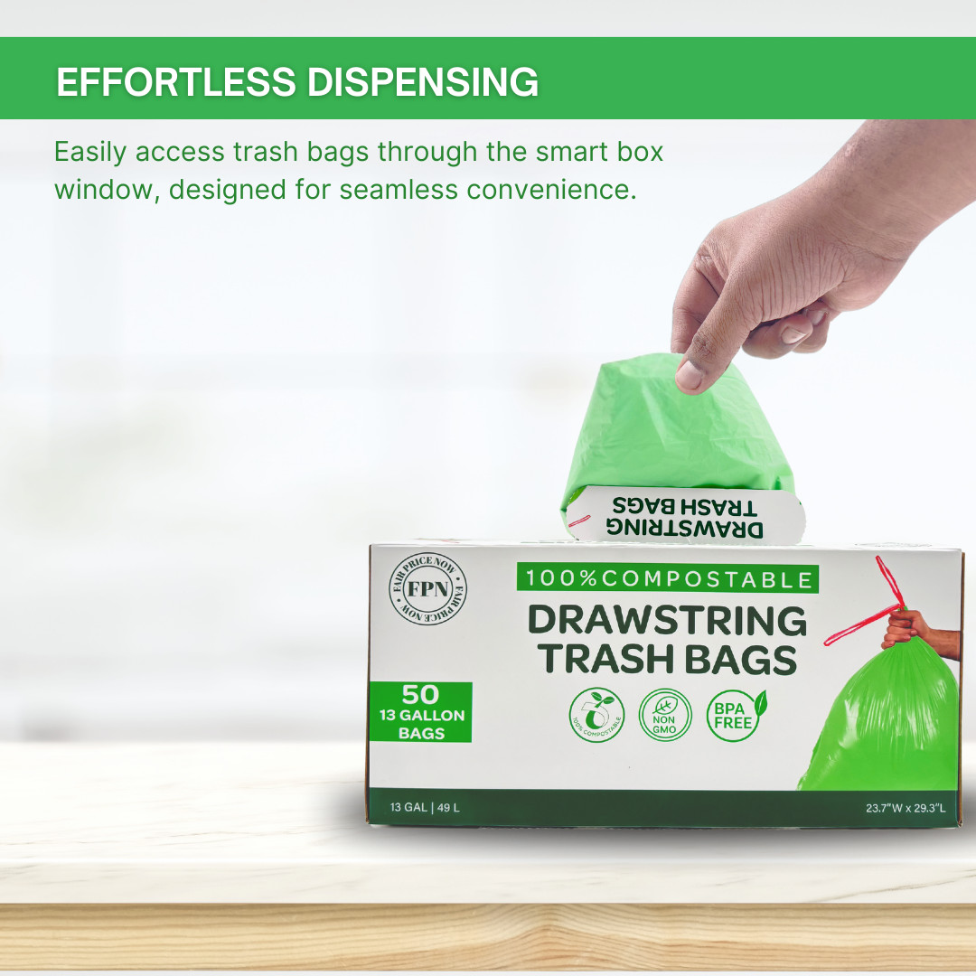 Trash Bags with Drawstring 100% Compostable Durable Garbage Bags 3,8,13 & 30 Gal