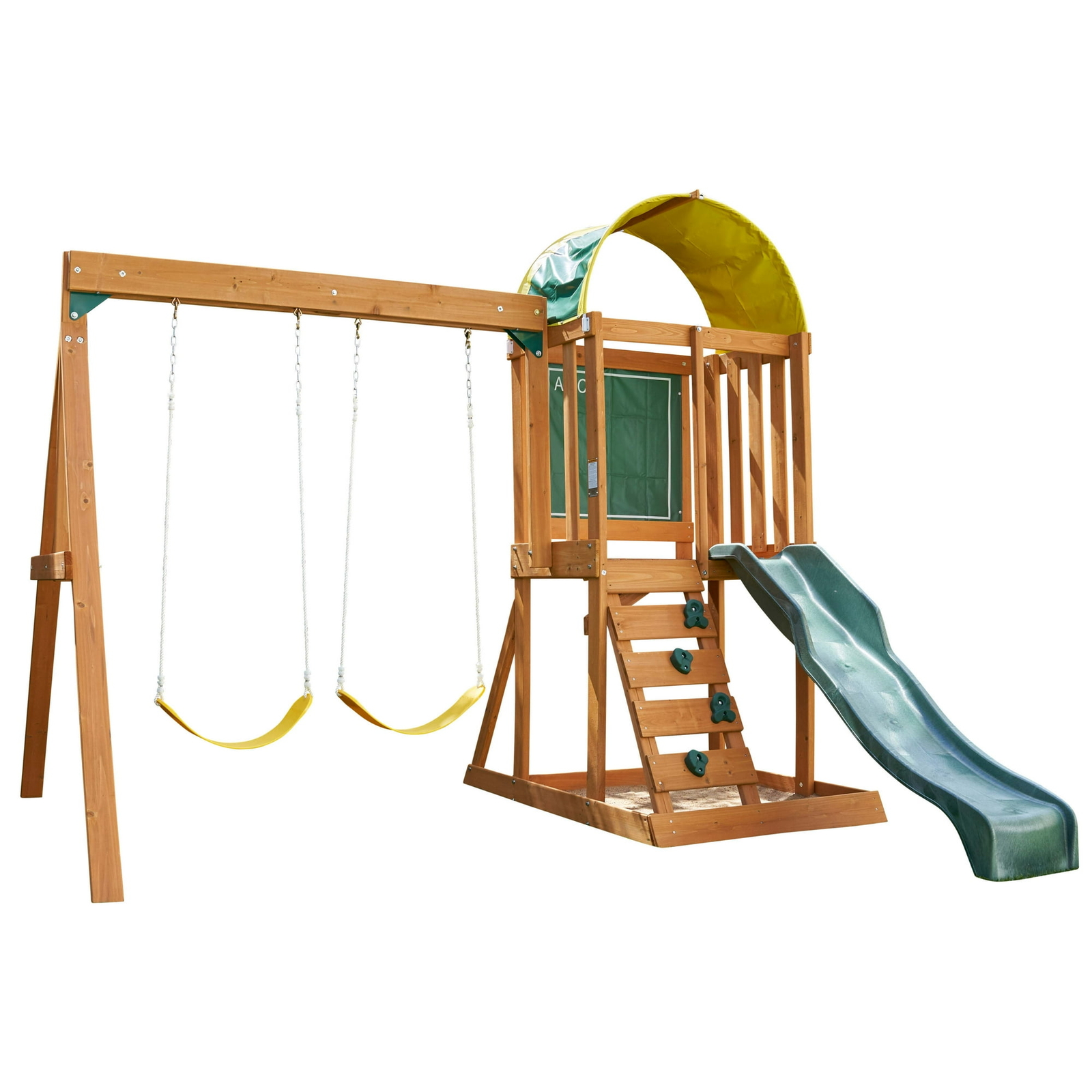 Wooden Swing Set Outdoor Playground Slide Chalk Wall Sandbox Rockwall Backyard