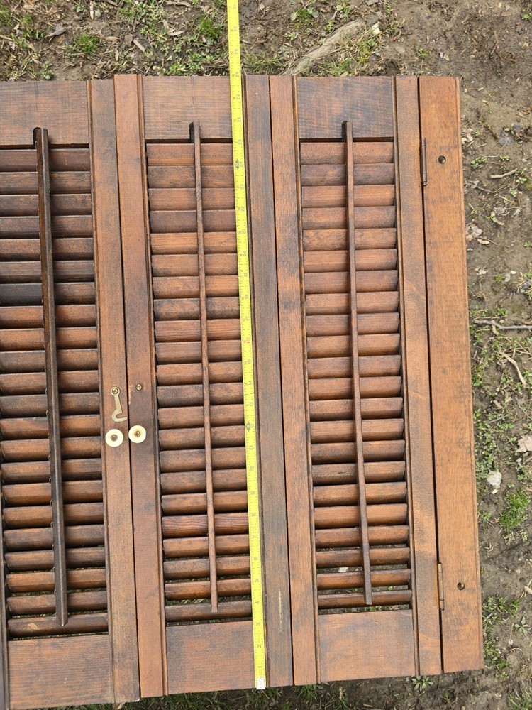 Vintage Wood Shutters Set Louvered Brass Hook White Knobs