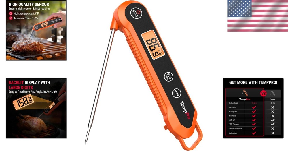 Professional Grade Waterproof Meat Thermometer with Fast Response & Calibration