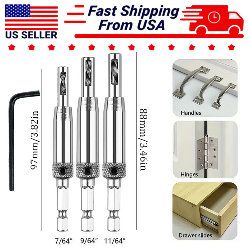 Self Centering Hinge Hardware Drill Bit Set 3 Pcs Pilot Hole Guides Door Window