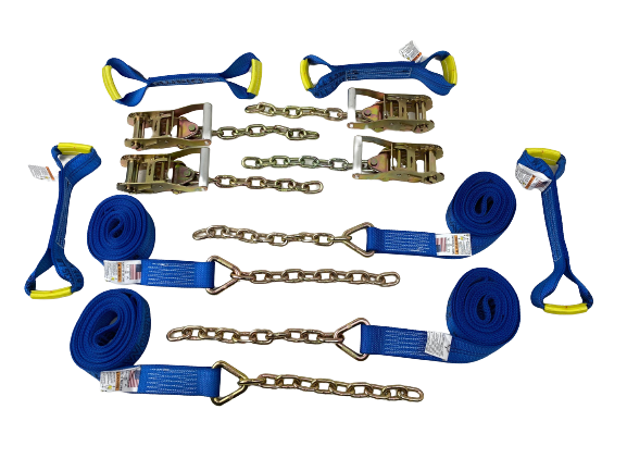 8 pt Kit 14' BLUE DW Rollback / Flatbed Car Tie-Downs w/ Chain Tails