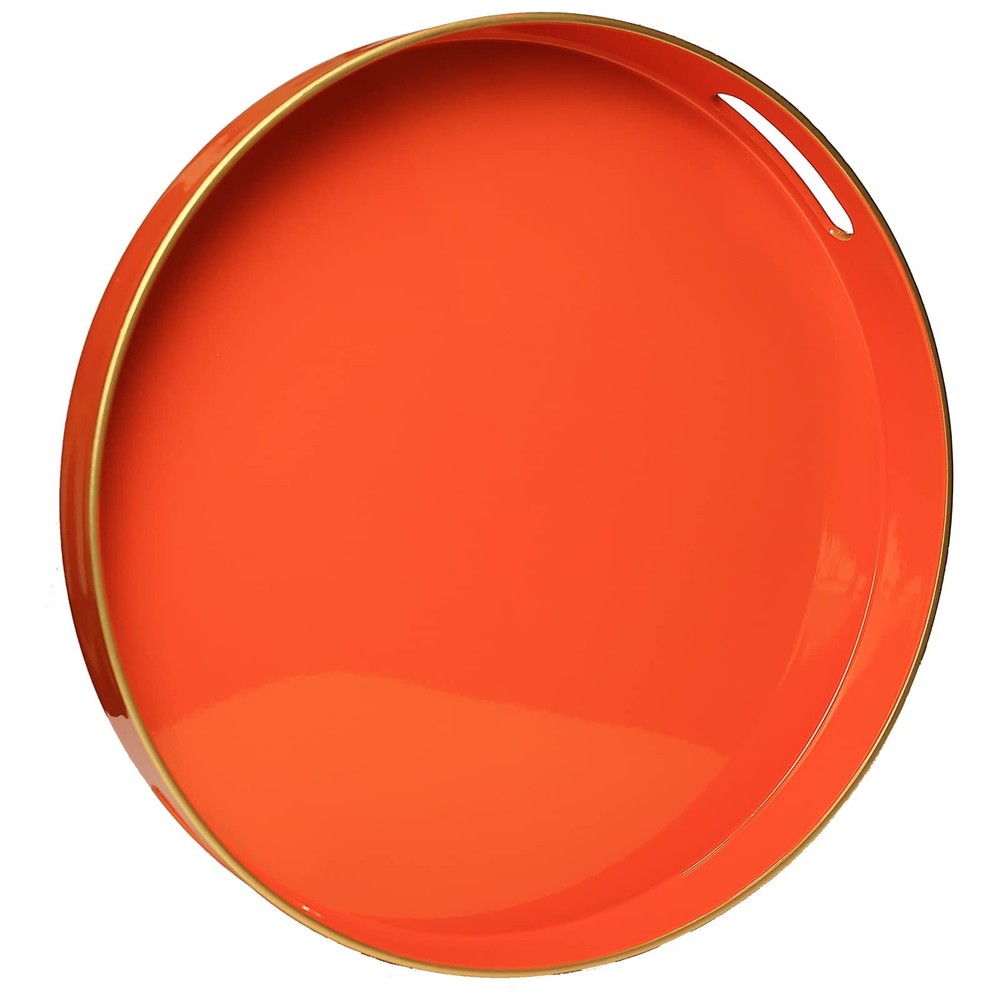 Round Orange Decorative Tray 13" Plastic Serving Table Tray Handles Coffee