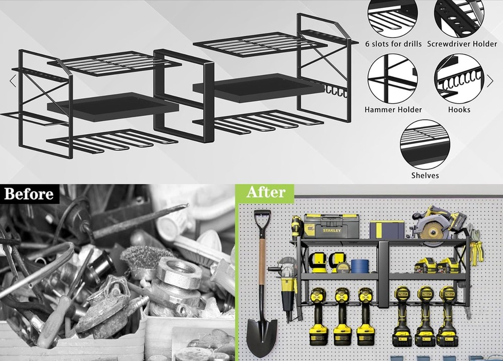 Spaclear Power Tool Organizer Wall Mounted Rack with 6 Drill Holders, 3 Layer