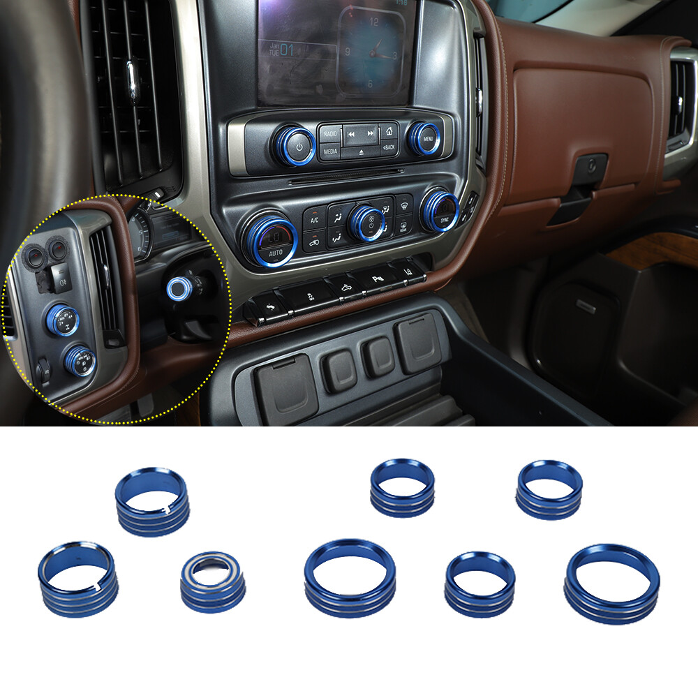 8X Center Console Radio AC Knobs Switch Button Trim for 2014-18 Chevy Silverado