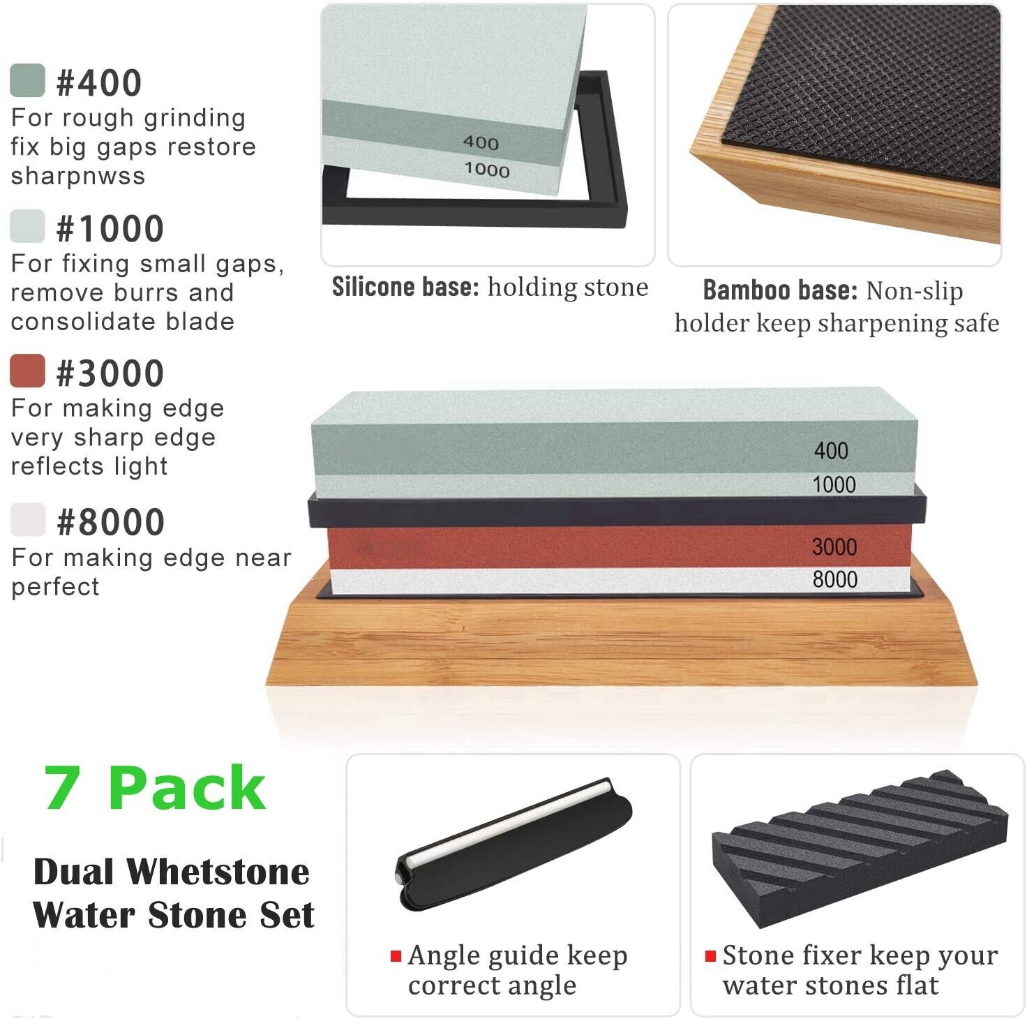 Knife Sharpening Stone Whetstone 4 Side Grit 400/1000 3000/8000 Knife Sharpeners