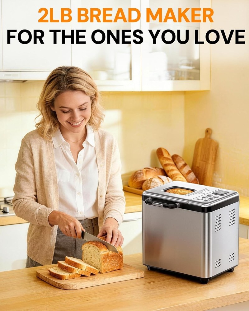Bread Maker, 2LB Stainless Steel Bread Machine, 17-in-1 Automatic Settings, N...