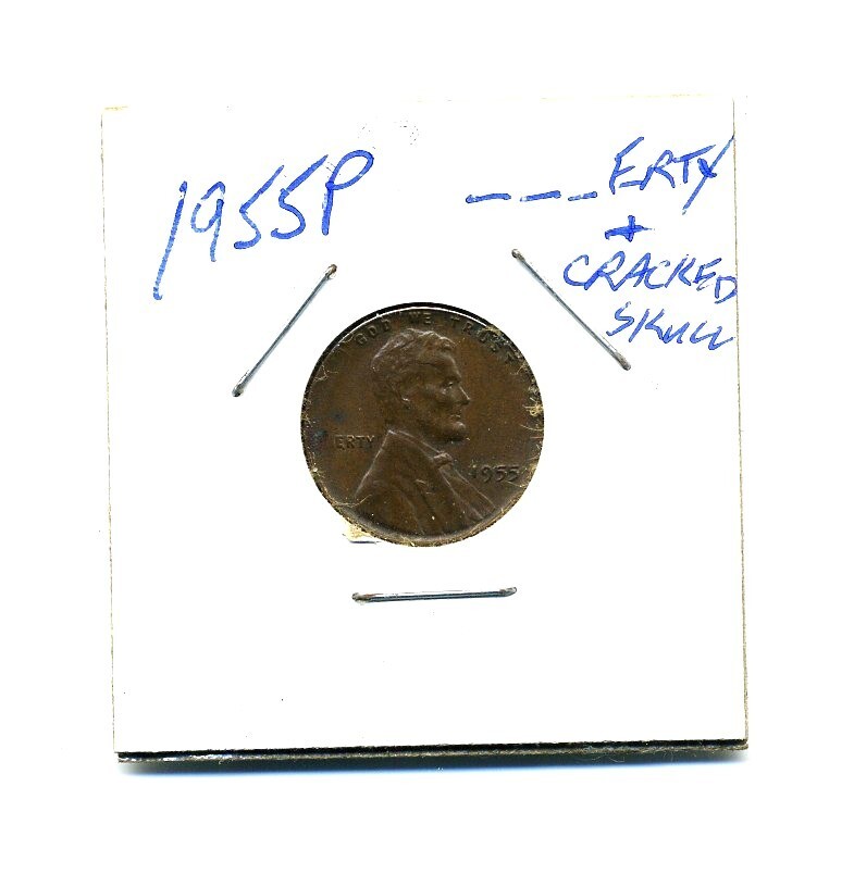 1955-P Lincoln Wheat Penny With Error/Defect Crack In Head & Missing "LIB"