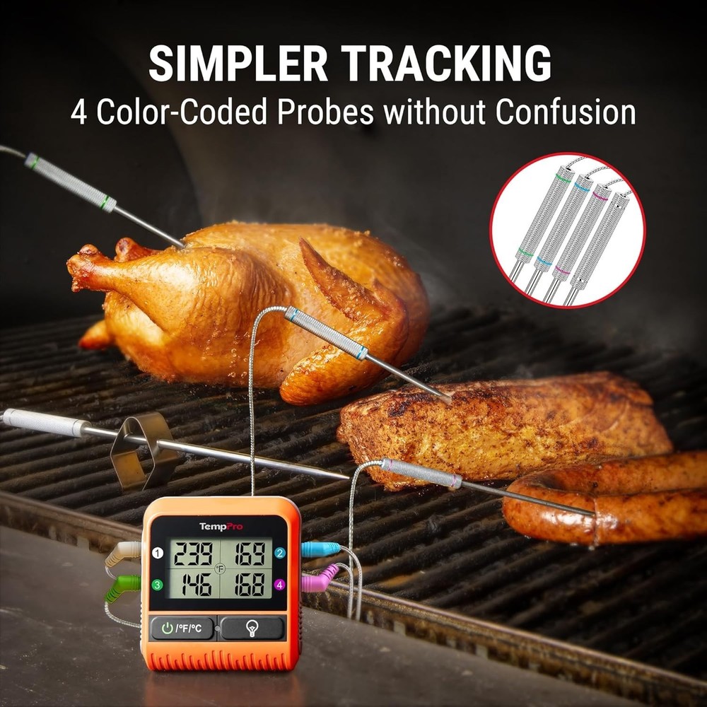 4 Probe Wireless Meat Thermometer – 1000ft LCD Display for Ultimate BBQ Control