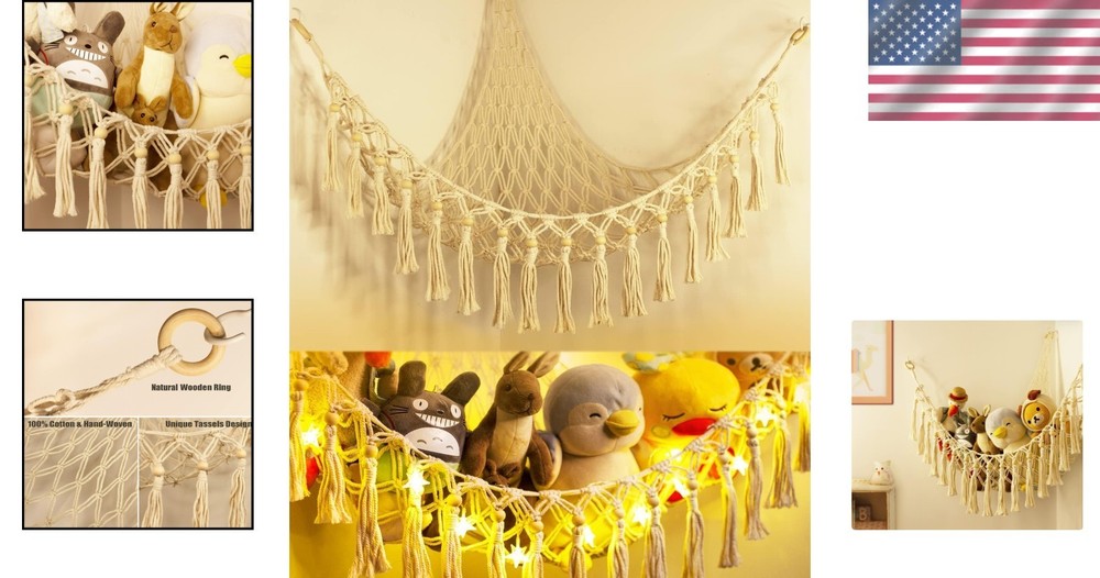 Handmade Macrame Stuffed Animal Hammock with Lights - Corner Storage Solution