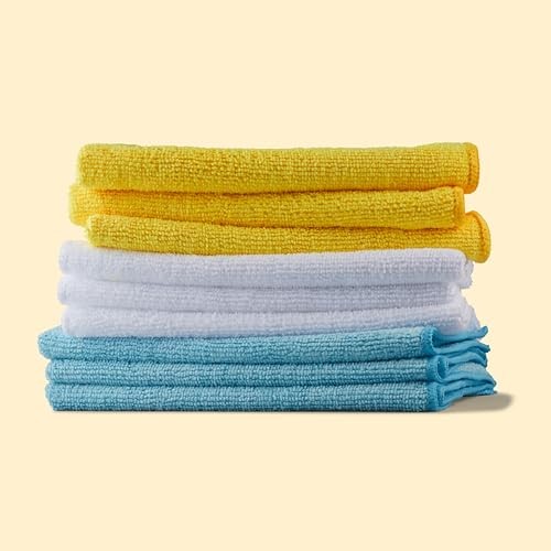 Amazon Basics Microfiber Cleaning Cloths for 144-Pack, Blue/White/Yellow