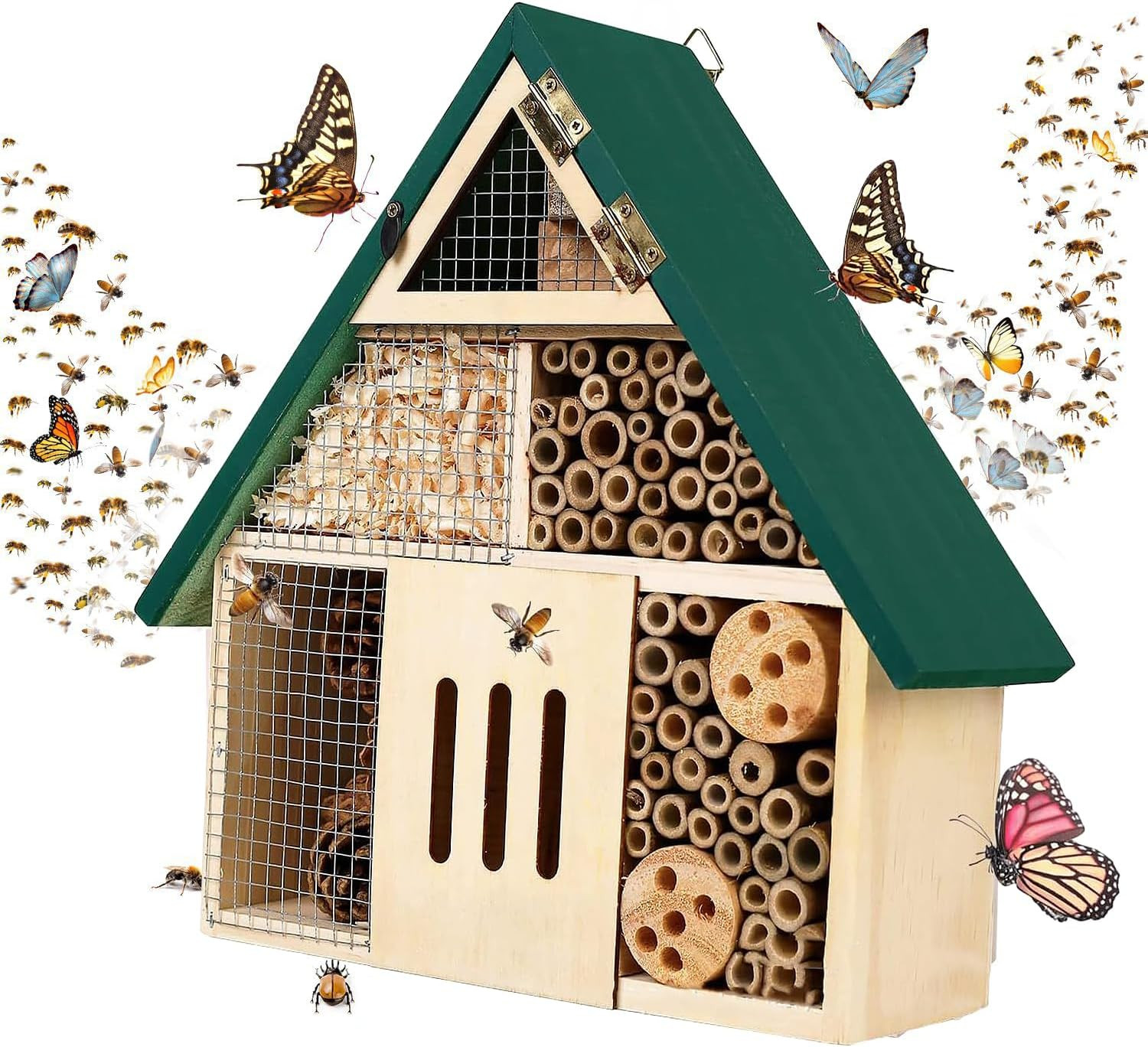 Bee House Hanging Insect Hotel – Natural Wooden Bee Hotel for Outdoors, DIY Inse