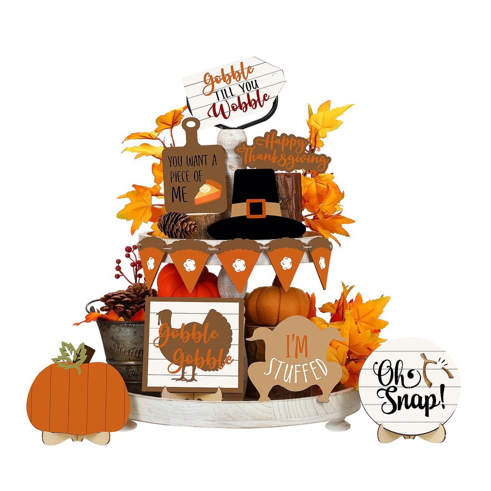 19 Pcs Fall Tiered Tray Decor Set Thanksgiving Decorations Pumpkin Maple Leaf...