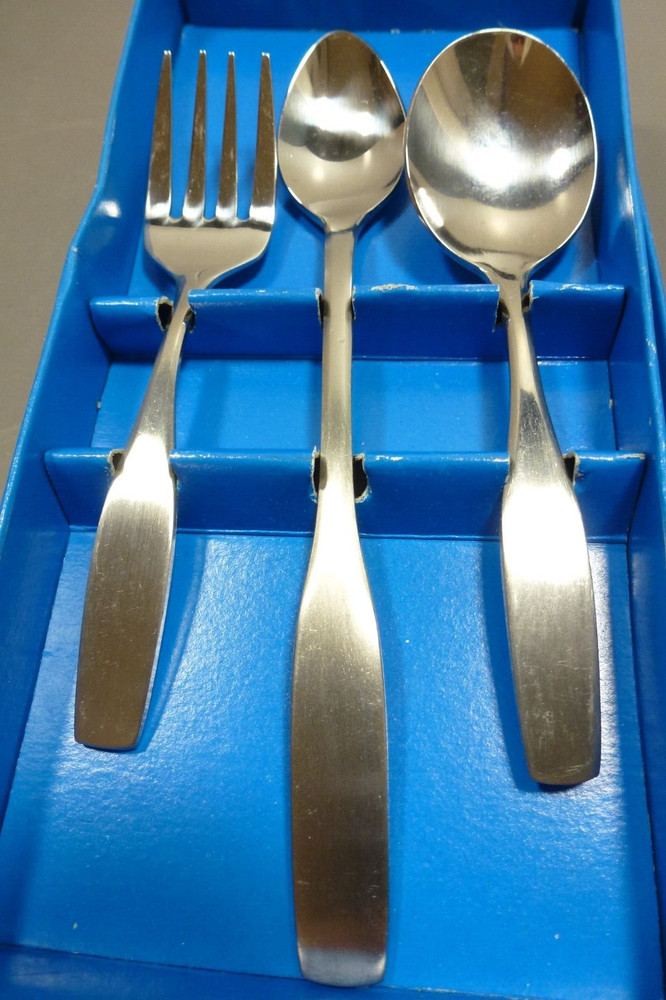 Vintage Leonard Silver Co. Stainless LEO6 3 Piece Baby Flatware Set, Mint in Box