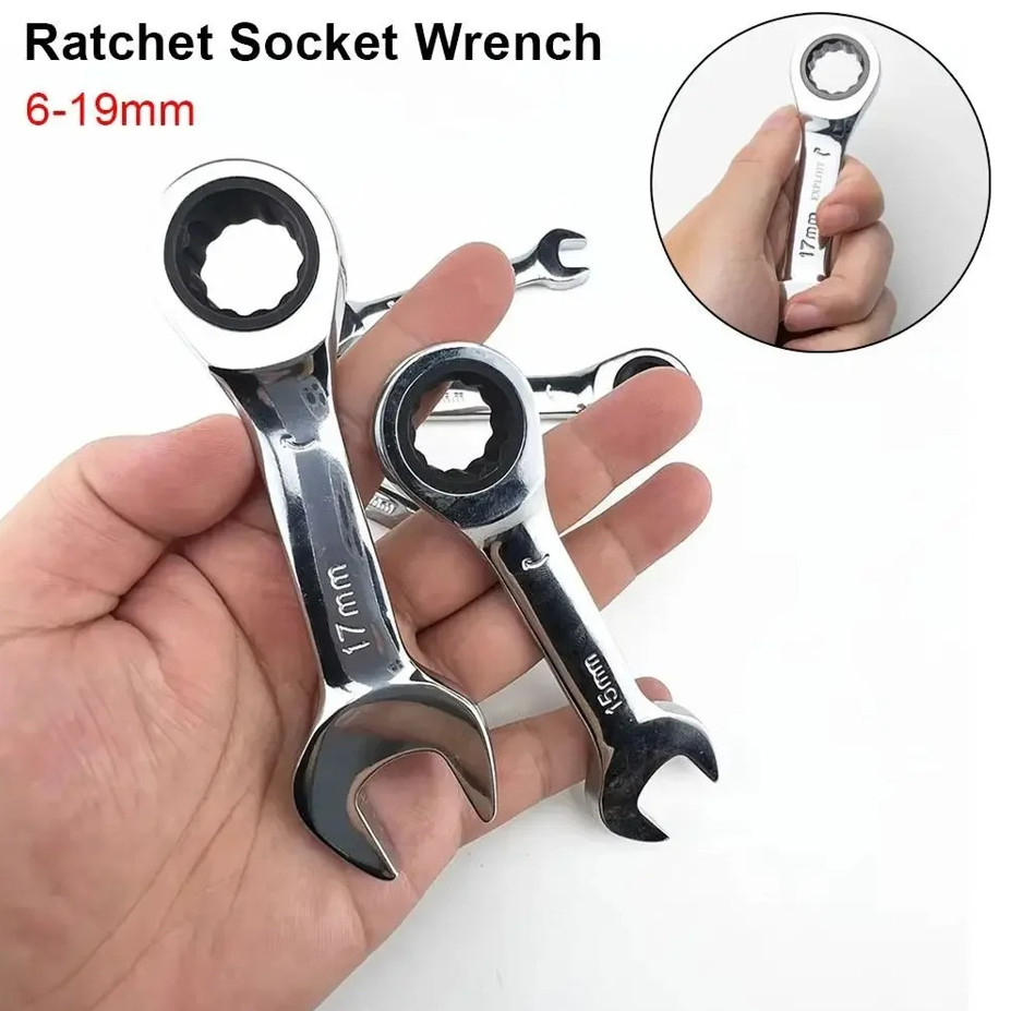 1 pc Adjustable Ratchet Wrench 6-19mm Short Handle Chrome Vanadium Spanner