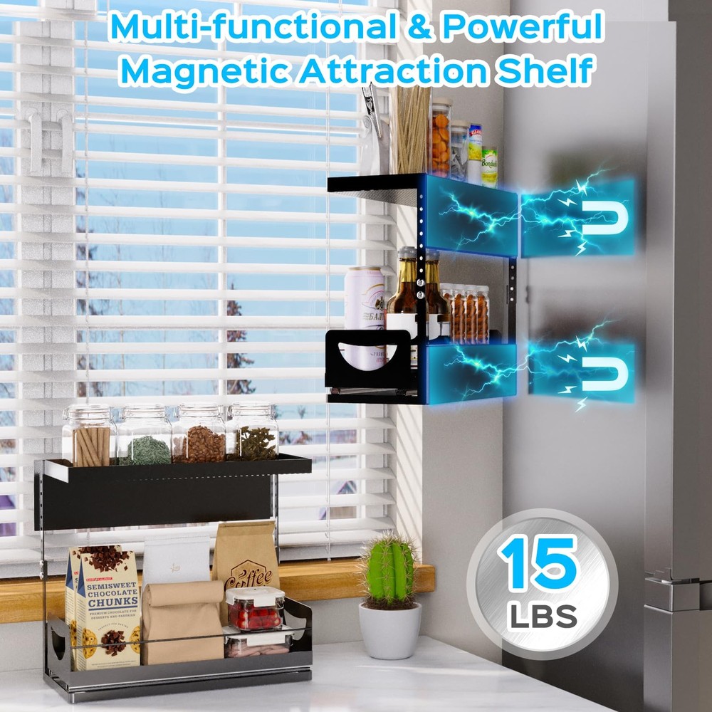 2 Tier Magnetic Storage Shelf with Pull Out Drawer Height Adjustable Organizer