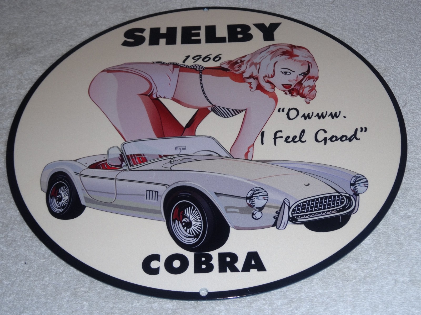 VINTAGE 1966 FORD SHELBY COBRA SPORTS CAR & WOMAN 12" METAL GASOLINE & OIL SIGN!