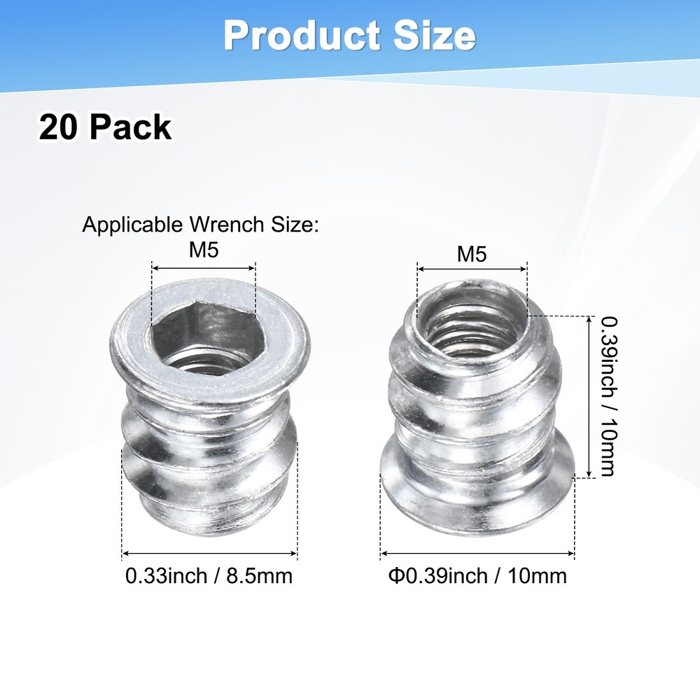 20-Pack Threaded Inserts for Wood, M5x10mm Threaded Insert Nuts [Silver Tone]