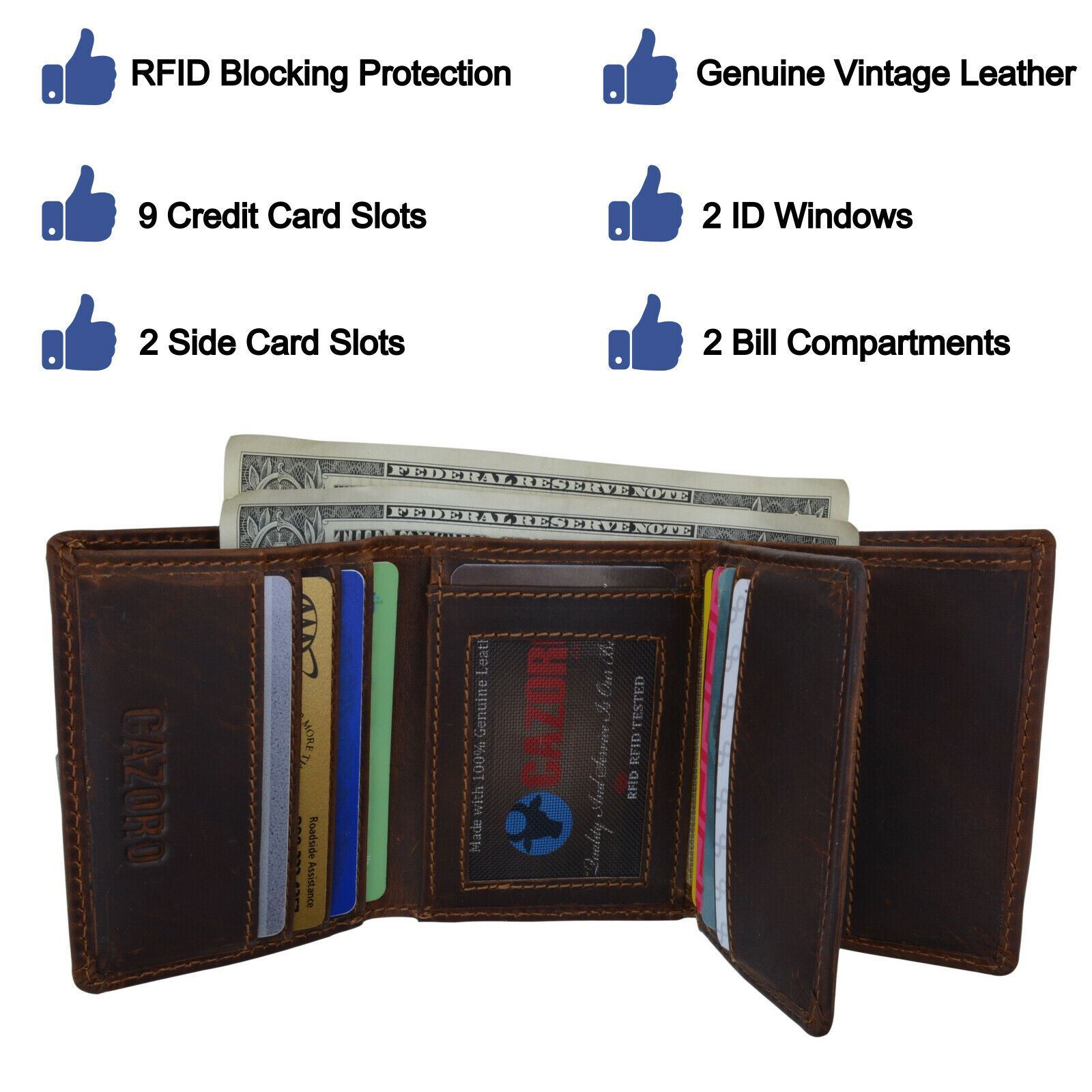 Cazoro Mens RFID Blocking Hunter Leather Credit Card ID Trifold Wallet