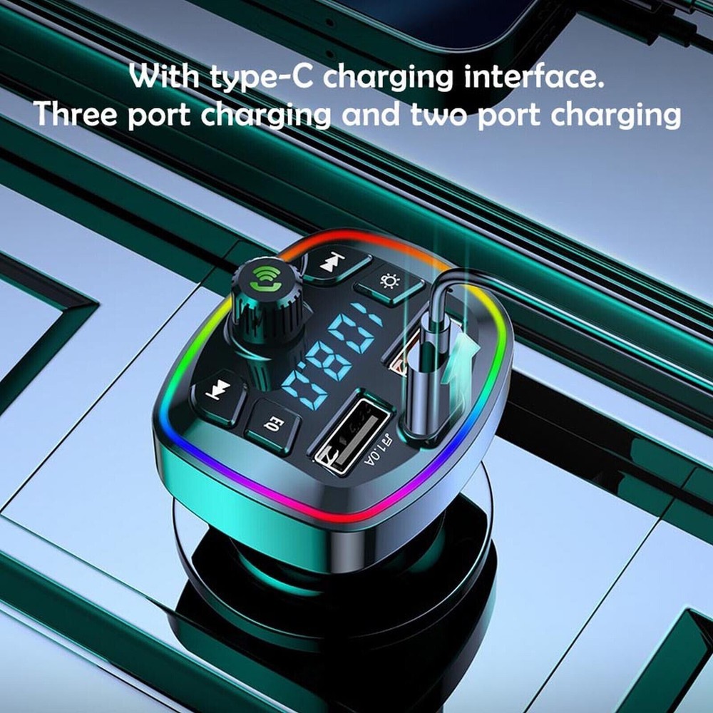 Bluetooth 5.0 Car Wireless FM Transmitter Adapter 2USB + PD Fast Charger MP3 AUX