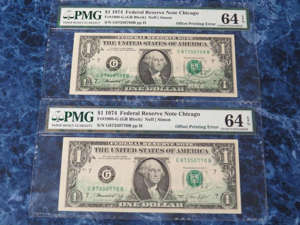 2 1974 $1 FR Notes Chicago Offset Printing Error PMG 64EPQ – Consecutive Serials