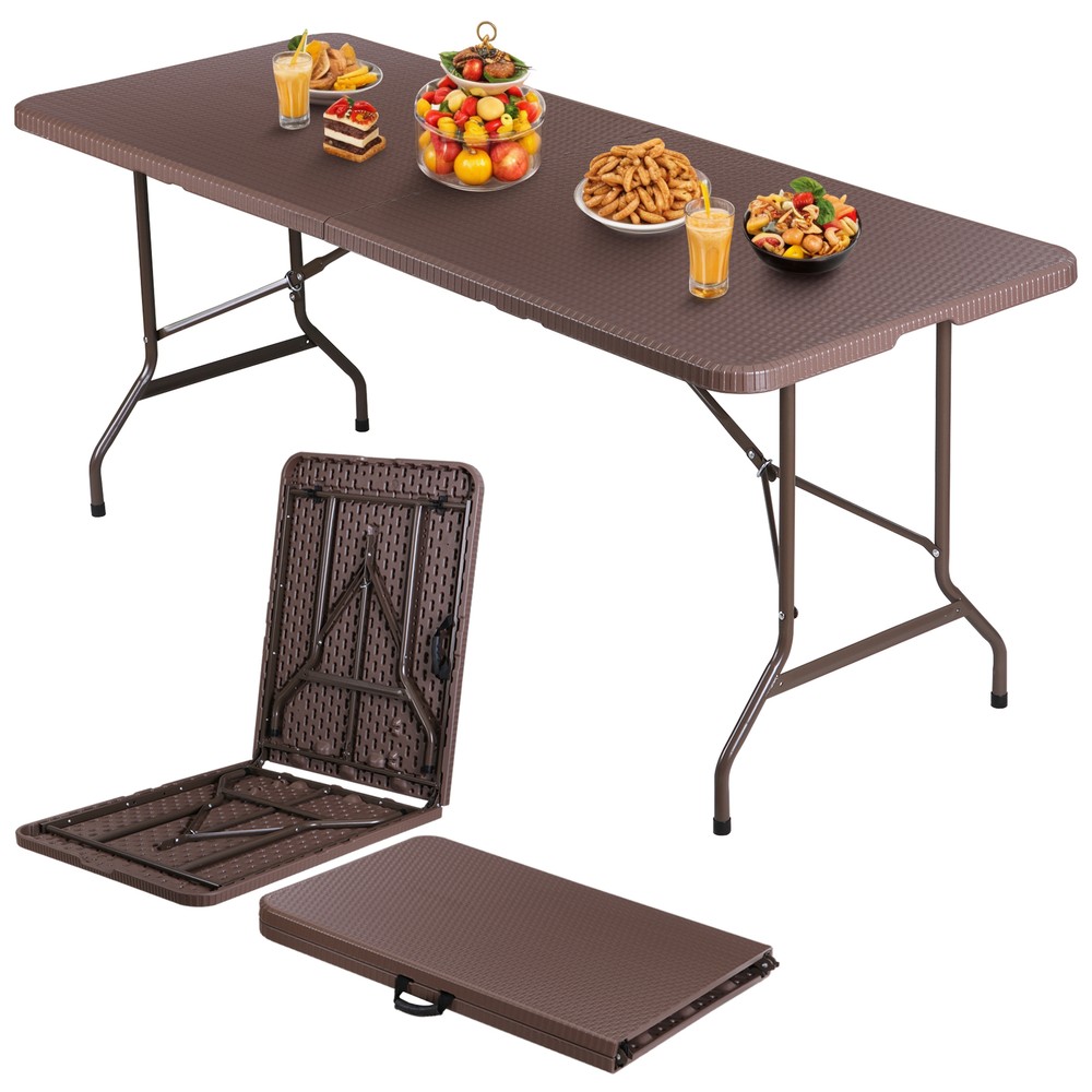 6FT Plastic Folding Table - Folds in Half w/ Carrying Handle Rectangular Brown