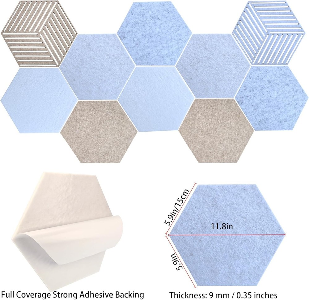 10-Pack Decorative Hexagonal Acoustic Panels with 3D Patterns for Home or Studio