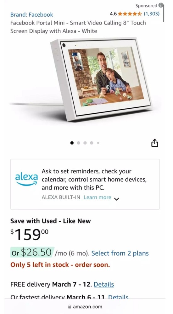 Facebook Portal Mini - Smart Video Calling 8" Touch Screen Display - White