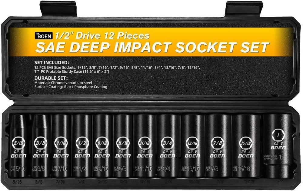 High Torque 1/2 Drive SAE Deep Impact Socket Set - 6 Point Hex Design, 12 Pieces