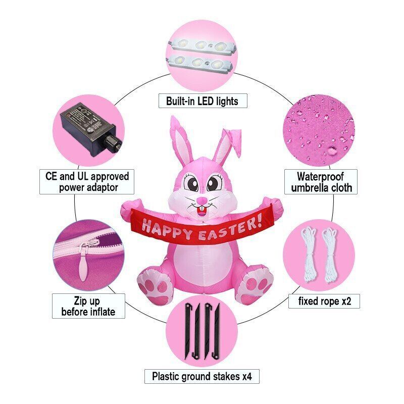 5 FT Easter Pink Bunny Inflatable Lighted Yard Decorations LED Blow up Rabbit