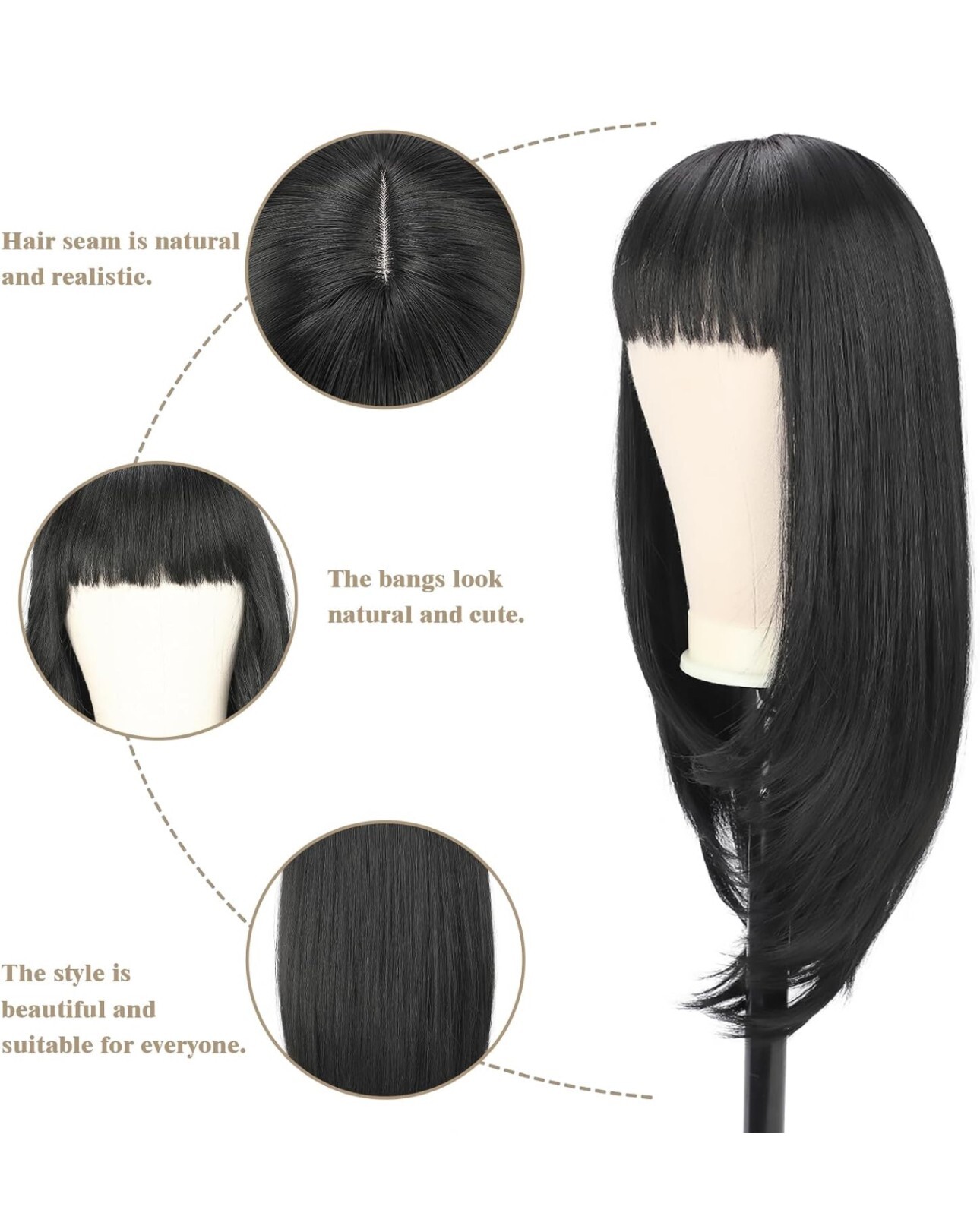 24 Inch Straight Long Black Wig with Bangs, Synthetic Hair Wigs