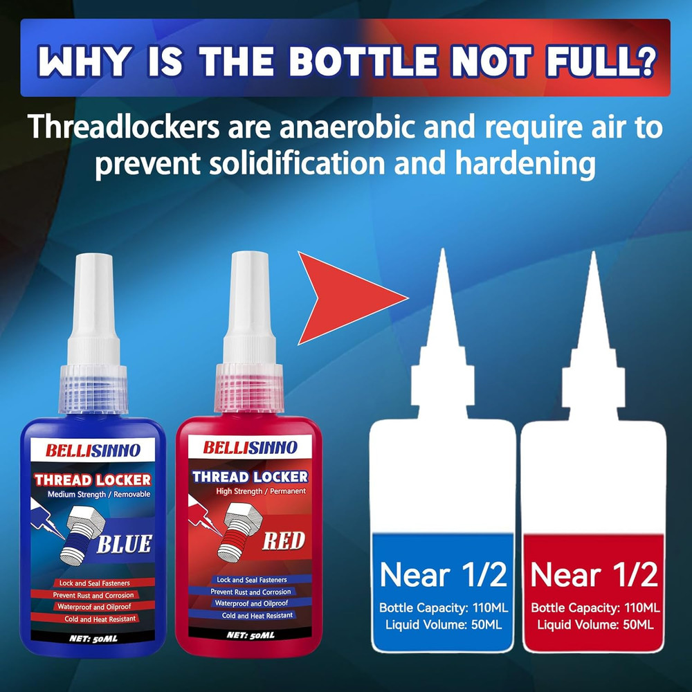 Thread Locker Blue and Red, Medium and Strong Strength Thread Lock, Threadlocker